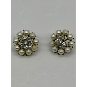 Vintage Faux Pearl and Clear Rhinestone Silver-Tone Metal Post Earrings Unmarked